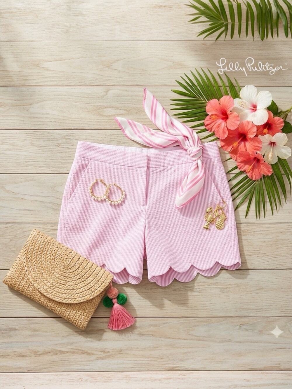 Lilly Pulitzer The Buttercup Scalloped Shorts | Pink Seersucker | Size 00